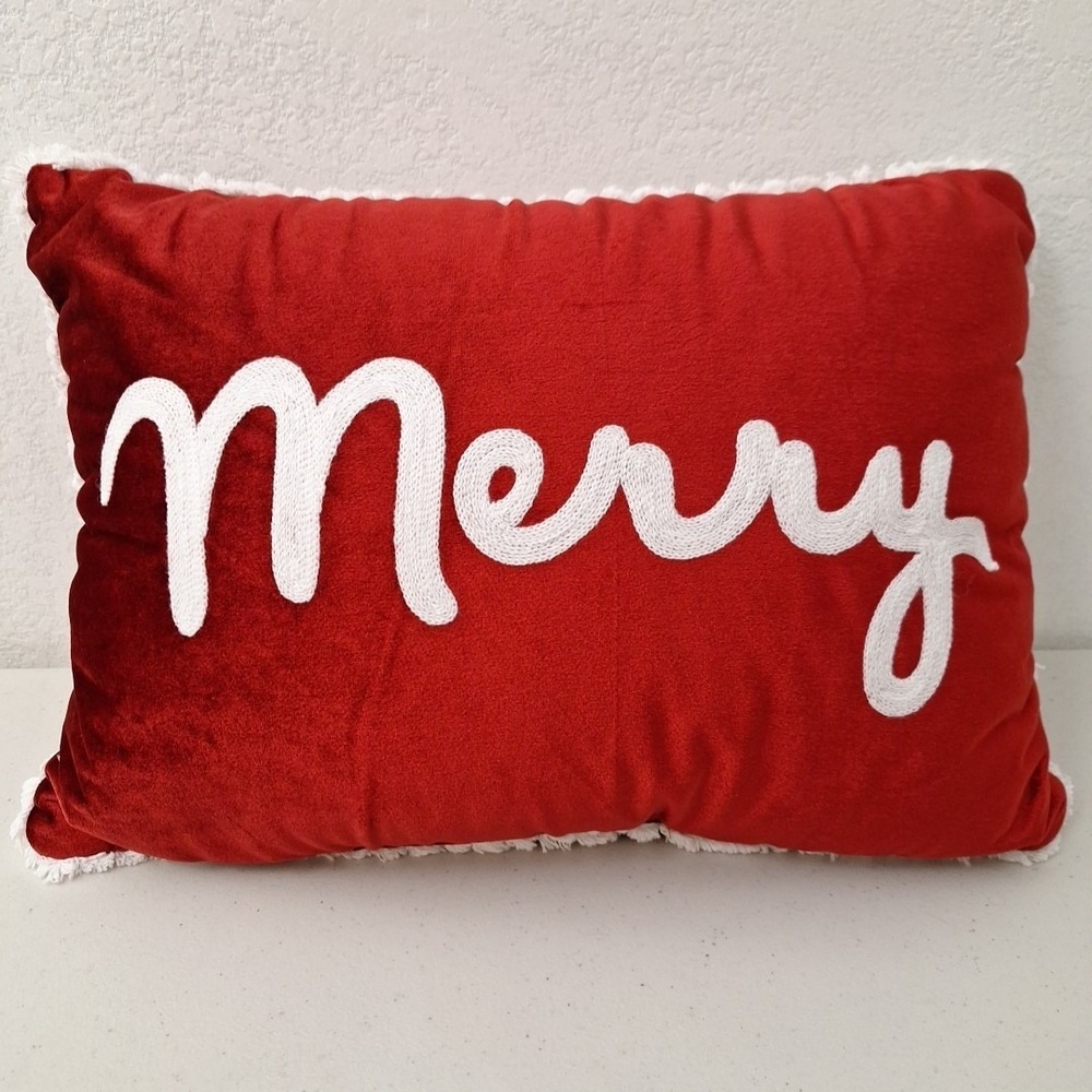 Silky Red Velvet Merry Christmas Pillow Stitched Script w/ Fringe 18" x 14"